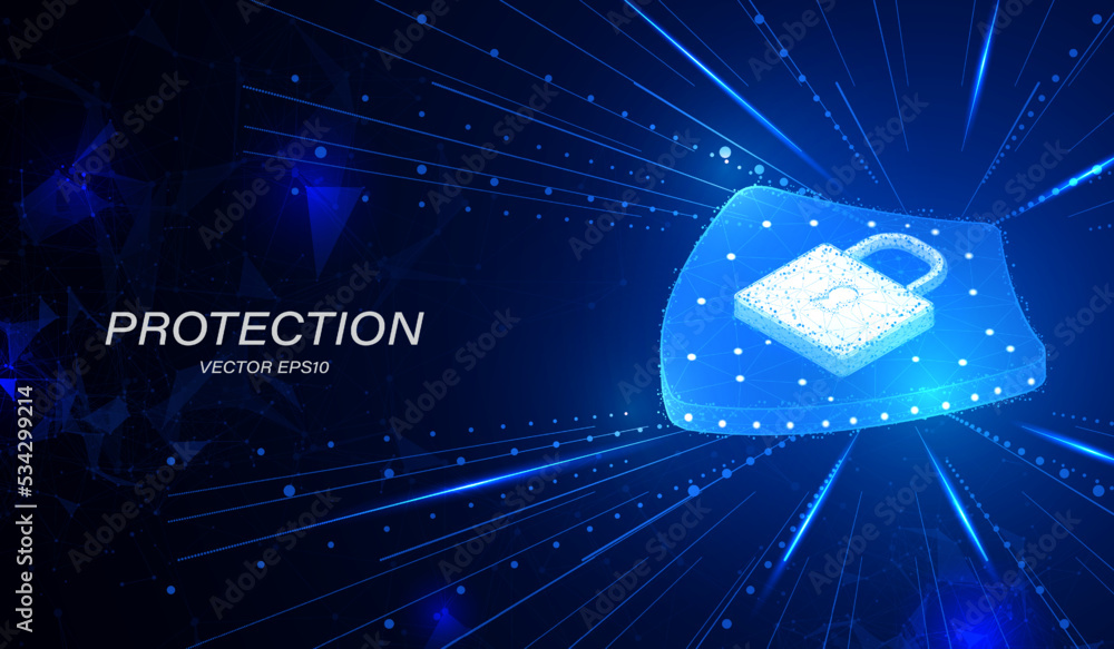 Poster Abstract security shield protection with padlock cyber futuristic symbol light glow effect on blue background vector. Low poly object data protection concept illustration.
