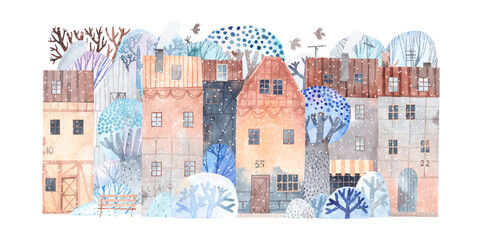 Winter city. Watercolor background. Old city. Watercolor poster. Painting for the children's room. Old town in winter. Horizontal card or banner. - obrazy, fototapety, plakaty