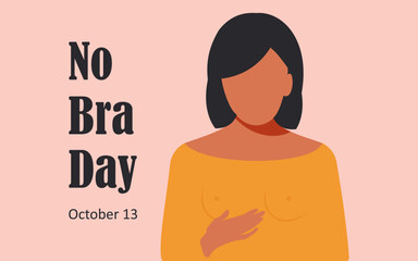 No Bra Day, October 13. Horizontal pink banner with one young woman in a yellow dress without a bra. Vector.