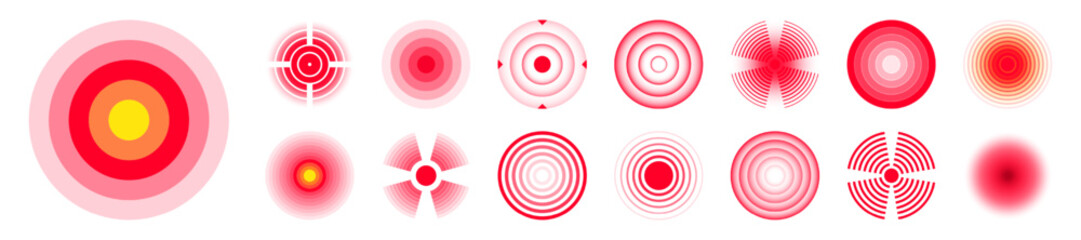 Pain localization marks. Painful area, aching spot. Red circles, targets. Headache, bruised body part marker. Back, neck, muscle pain symbol. Healthcare ad, medical information. Vector illustration.