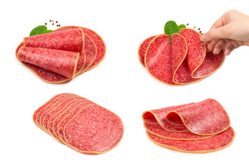 Salami in woman hand isolated on white.