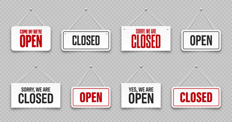 Realistic open or closed hanging signboards. Vintage door sign for cafe, restaurant, bar or retail store. Announcement banner, information signage for business or service. Vector illustration