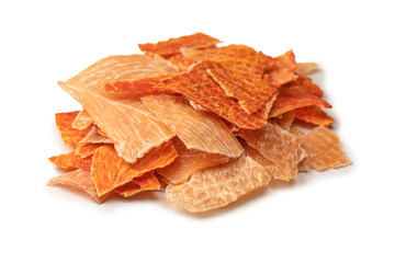 Group of tasty beer snacks. Dehydrated chicken meat slices.