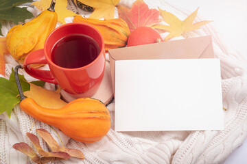 Blank card with envelope, cup of tea, orange pumpkins and autumn leaves on white knitted cloth. Thanksgiving, fall concept. Top view, mockup