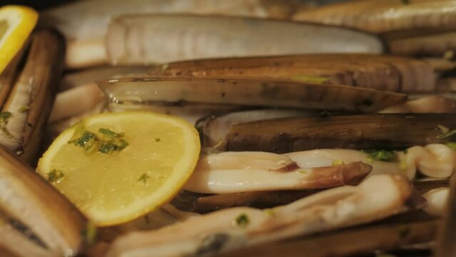 Razor clams seafood grilled on market, grill Spanish Navajas, traditional food in Spain, Catalonia, Barcelona.