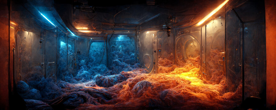 abandoned Interior of cryogenic pods room inside a spaceship background.3d render.