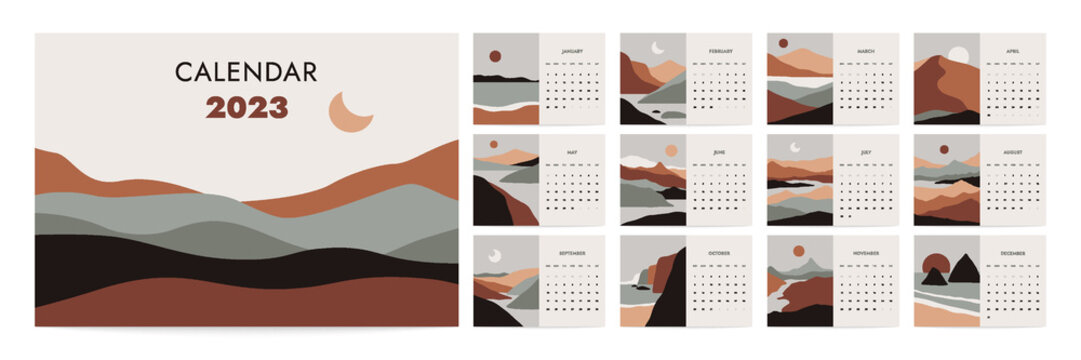 Calendar 2023 year. Abstract mountain boho landscapes horizontal monthly planner, minimalist diary template. Vector set