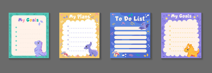 Kids stationery set with memo planners, to-do lists with cute different dinosaurs, template for planning, day agenda, checklists. Vector flat illustration with colorful design