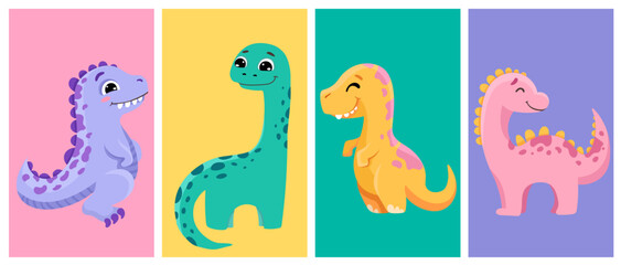 Set of cute dinosaurs posters for baby print design or nursery poster. Vector cartoon illustration