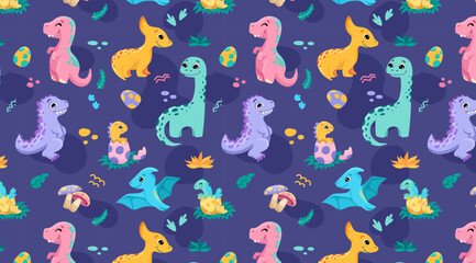 Hand drawn cute dinosaurs background with dinos, Roar signs, footprints, leaves, eggs, baby dinos for clothes, shirt, fabric. Kids violet dino vector illustration