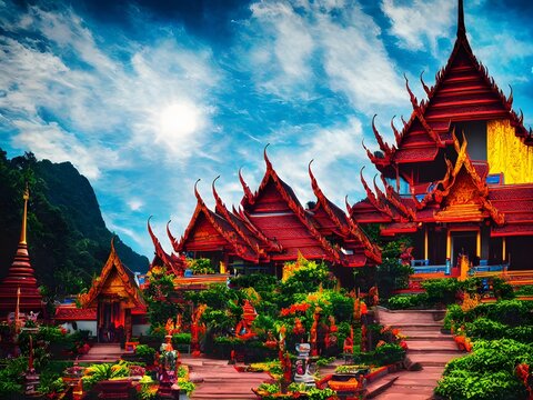 Thai temple in vivid color 3d illustration, sky, woods and sun