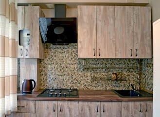 The interior of the modern kitchen with a hood. Ecominimalism