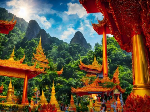 Thai temple in vivid color 3d illustration, sky, woods and sun