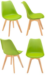 Modern stylish plastic chair with wooden legs in different angles of green color. Isolated from the background. Interior element