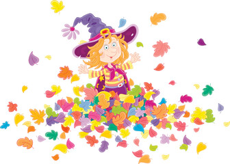 Happy little Halloween witch affably smiling, playing with colorful fallen autumn leaves and tossing them up, vector cartoon illustration isolated on a white background