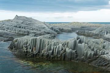 coastal seascape with beautiful columnar basalt rocks at low tide