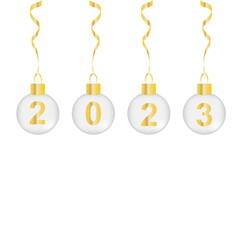 Realistic merry christmas new year 2023 poster with hanging silver and golden balls stars streamers on background with bokeh vector illustration