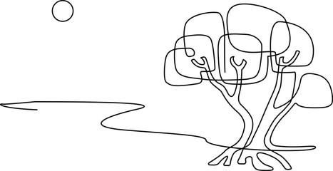 Landscape park with path and trees. Continuous line drawing illustration. Vector