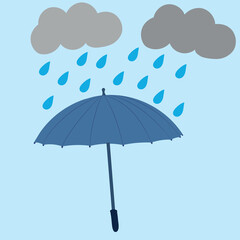 Blue umbrella with raindrops and gray clouds on a blue background. Card. Flat style. Vector.
