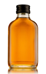 A small bottle of whisky, rum, or brandy, is isolated on white background. The object for mock-up making.
