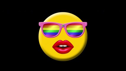 Lgbt concept.Animation of smiling face with sunglasses with lgbt flag colors and heart-shaped eyes.Animated Emoji. Smiley face icon animation on black background.Emoticon motion design video.