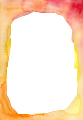 Watercolor orange, yellow, red, pink colors frame. Empty space for text, picture. Banner, cover, card or post mock up.