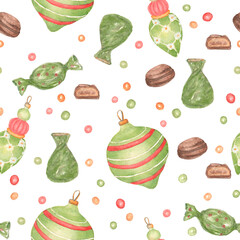 Seamless Watercolor Pattern of Green and Red Christmas Ornaments with Chocolate Candies on White Background. Festive Winter Pattern Illustration for Wallpaper, Fabric and Postcard