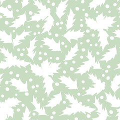 Seamless Watercolor Pattern of Holly Leaves and Berries Silhouettes on Light Green Background. Festive Winter Pattern Illustration for Wallpaper, Fabric and Postcard