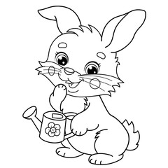 Coloring Page Outline Of cartoon cute bunny or rabbit with a watering can. Coloring Book for kids.