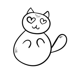 Cute doodle cat with heart shaped eyes. Animal pet icon. Black line art on white background.