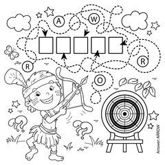 Maze or Labyrinth Game. Puzzle. Coloring Page Outline Of cartoon cheerful boy indian with bow for shooting and arrow and with target. Coloring Book for kids.