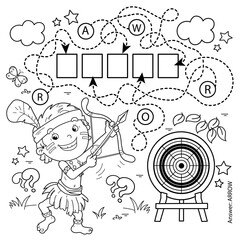 Fototapeta premium Maze or Labyrinth Game. Puzzle. Coloring Page Outline Of cartoon cheerful boy indian with bow for shooting and arrow and with target. Coloring Book for kids.
