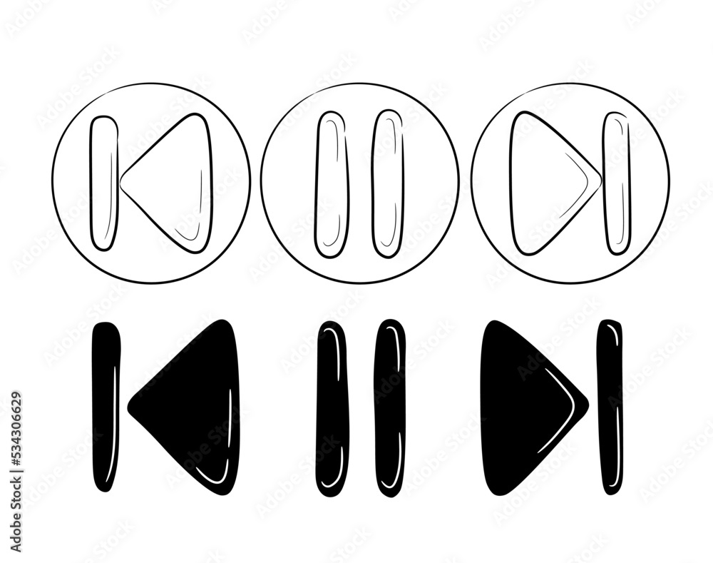 Poster a collection of hand-drawn music and video rewind and stop icon sets. start play and pause button in