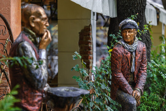 Odessa, Ukraine - 3, OCTOBER, 2010: Gipseous sculpture. Hero of novel "Twelve Chairs" by Ilf and Petrov. Deribasovskaya street. City garden.