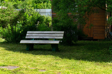 Country garden bench stands in the middle of the lawn