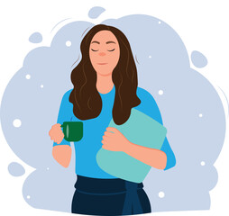 Sleepy working woman with cup of coffee