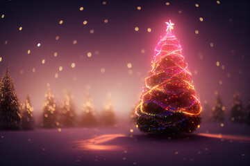 Digital illustration of magic christmas tree against snowy landscape with fir trees and shining stars in the sky background