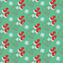 Seamless pattern with red mittens and snowflakes. Festive background for packaging, fabrics and any designs. Vector illustration in a flat style.