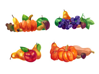 Autumn harvest, sets of bright compositions of fruits and vegetables. Watercolor illustration. Pumpkin, apple, pear, grape, mushroom.