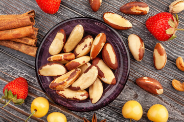 brazil nuts on wood background