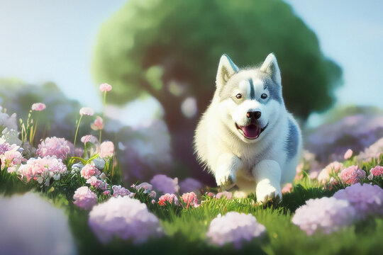 cute and adorable cartoon fluffy baby husky dog running in the meadows, digital painting in 3D cartoon movies style