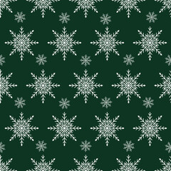 Vector pattern with snowflakes on a green background. Seamless pattern for New Year and Christmas. Suitable for background and wrapping paper, fabric in winter version. Vintage decorative elements.