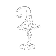 Fly agaric mushroom with a cute hat. Vector black and white isolated illustration hand drawn doodle. Simple card or print amanita