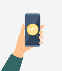Hand holding smartphone with non fungible token on screen. NFT concept. Flat vector illustration
