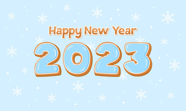 Gingerbread cookies with blue icing in the form of the number 2023 on a blue background with snowflakes. Happy New Year 2023 greeting card. Flat vector illustration