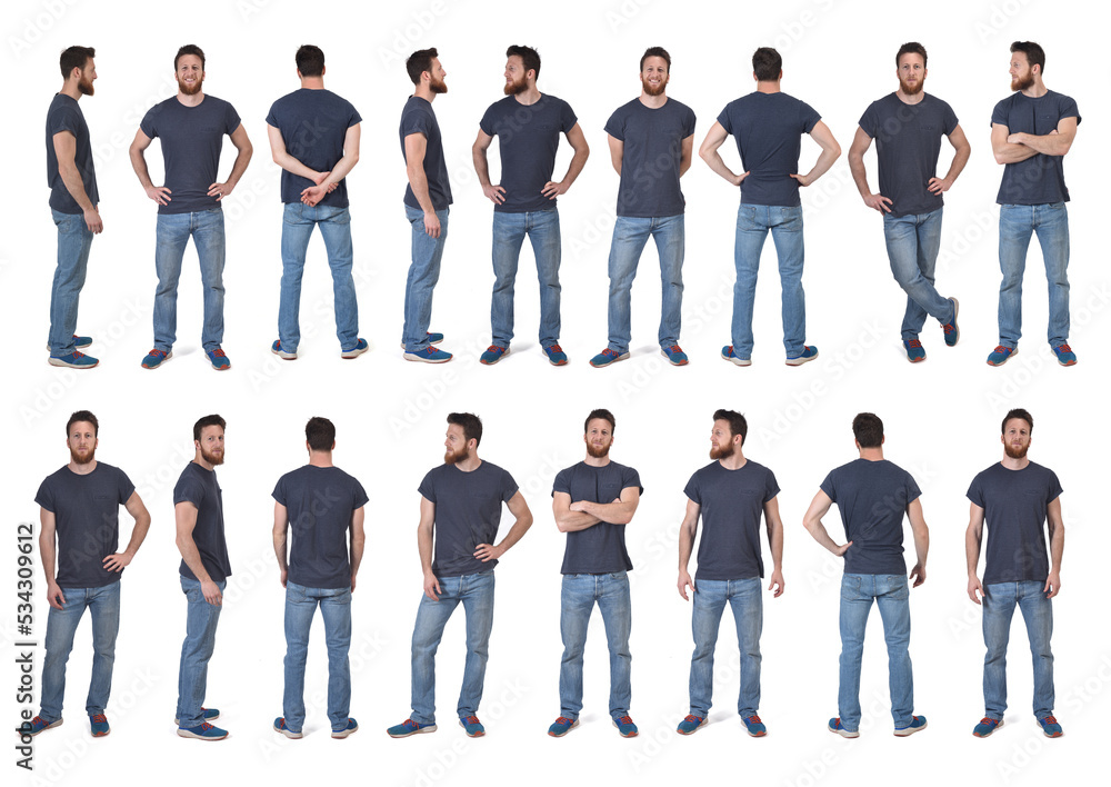 Wall mural front, back and side view of same man standing on white background