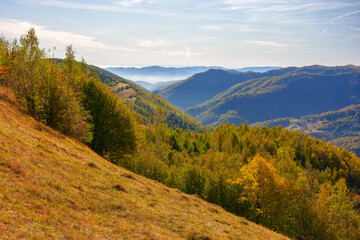 romania countryside in autumn. forested hills rolling in to the distant mountains. rural valley in the distance. bright sunny day