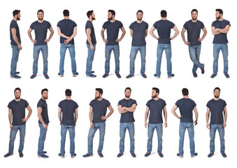 front, back and side view of same man standing on white background - Powered by Adobe