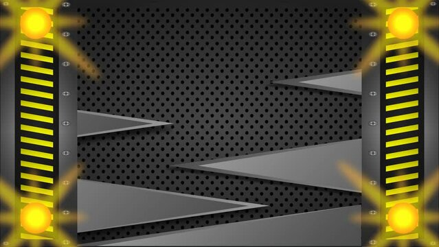 gate opening and closing motion animation, warning background, scalloped metal design, yellow lines and perforated texture pattern, with neon light, perfect for intro videos,