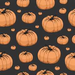 seamless autumn pattern Vector, pumpkins for halloween pattern, flat autumn design, ornament for print on fabric, seamless wallpaper with plants, texture with orange pumpkins on black background